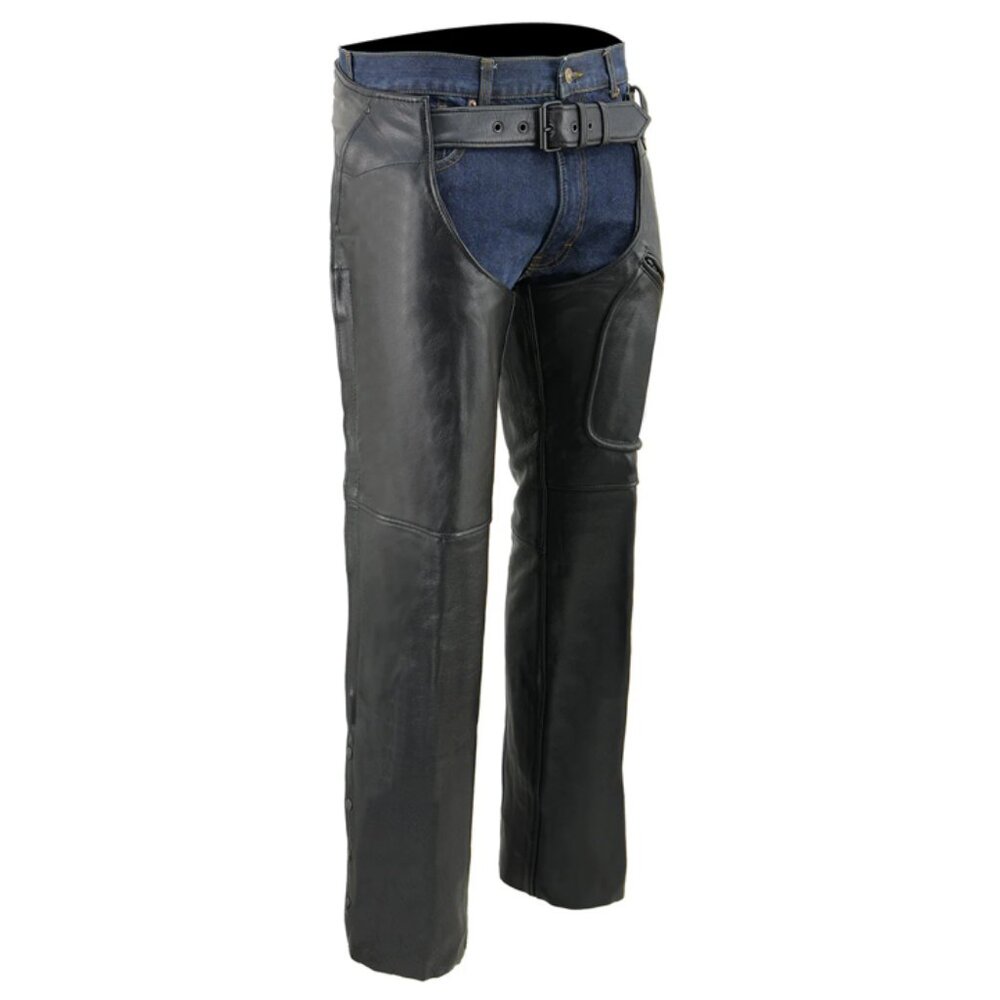 NWT Unisex Black Premium Leather Motorcycle Rider Chaps w/ Front 3-Pockets